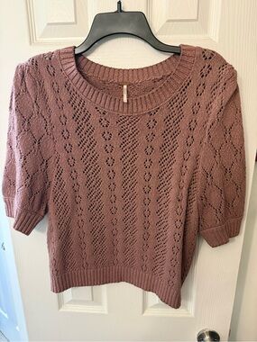 Free People Dusty Mauve Openwork Short Sleeve Crewneck Sweater